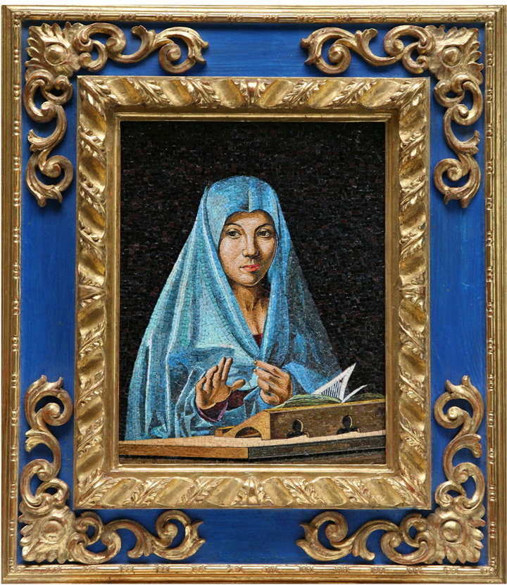 Mosaic in enamel glass with carved and gilt wooden frame